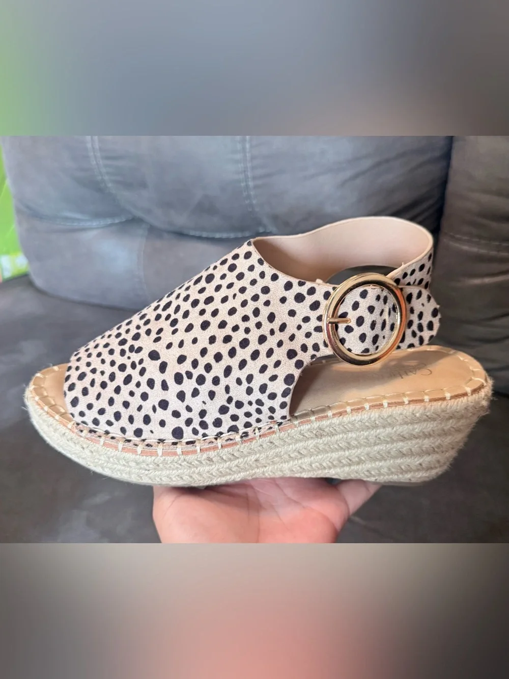Catherine Malandrino Spotted Espadrille Wedge Sandals in Cream and Black